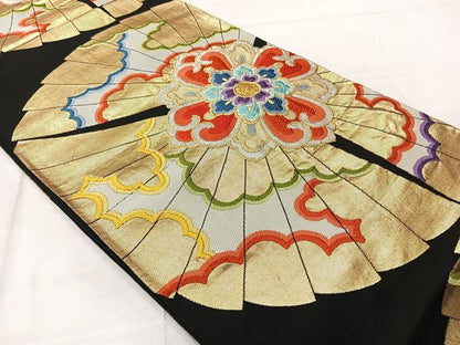 平和屋着物◎六通柄袋帯　唐織　正倉院花文　黒地　金銀糸　正絹　逸品　AABF6521uk