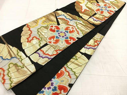 平和屋着物◎六通柄袋帯　唐織　正倉院花文　黒地　金銀糸　正絹　逸品　AABF6521uk