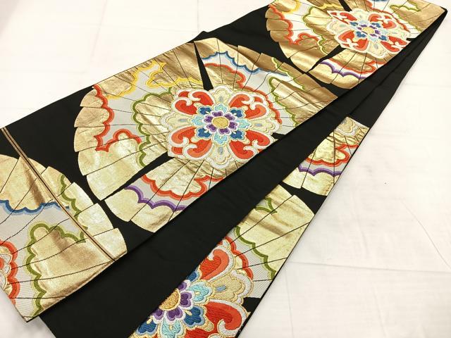 平和屋着物◎六通柄袋帯　唐織　正倉院花文　黒地　金銀糸　正絹　逸品　AABF6521uk