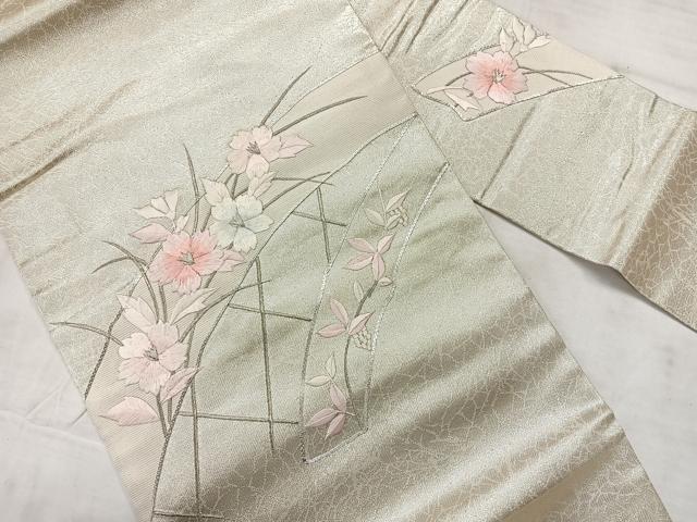 平和屋着物◎九寸名古屋帯　総刺繍　駒刺繍　草花文　銀糸　正絹　逸品　AABF6527uk