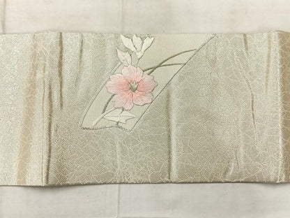 平和屋着物◎九寸名古屋帯　総刺繍　駒刺繍　草花文　銀糸　正絹　逸品　AABF6527uk