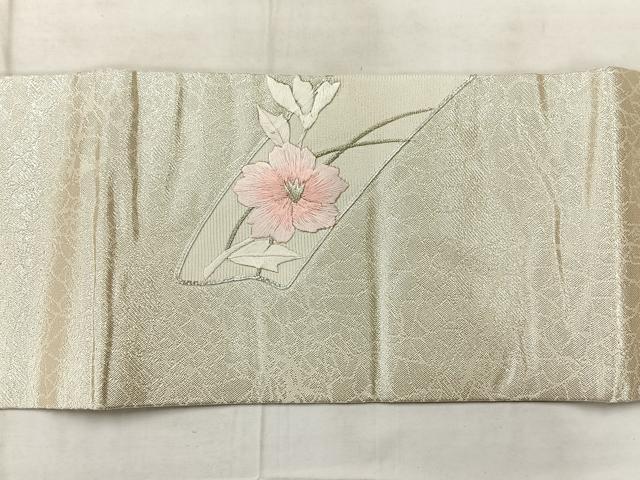 平和屋着物◎九寸名古屋帯　総刺繍　駒刺繍　草花文　銀糸　正絹　逸品　AABF6527uk