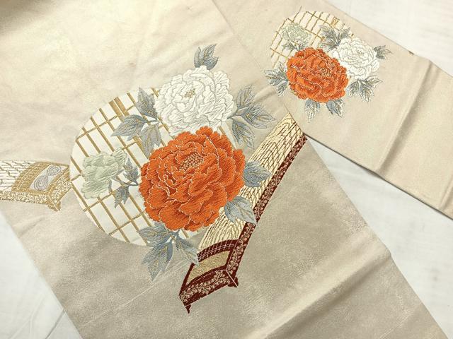 平和屋着物◎九寸名古屋帯　唐織　楽器花文　金糸　正絹　逸品　AABF6536uk