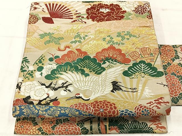 平和屋着物◎アンティーク 大正ロマン 九寸名古屋帯 唐織 飛鶴花文 金糸 正絹 逸品 AABF6543uk