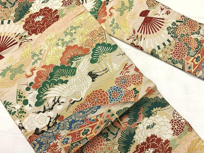 平和屋着物◎アンティーク 大正ロマン 九寸名古屋帯 唐織 飛鶴花文 金糸 正絹 逸品 AABF6543uk