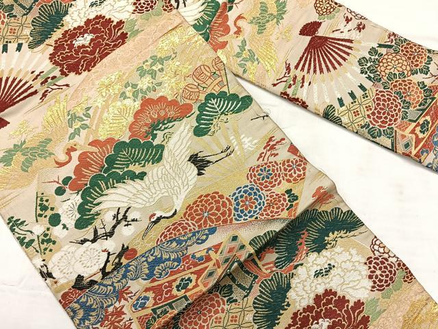 平和屋着物◎アンティーク 大正ロマン 九寸名古屋帯 唐織 飛鶴花文 金糸 正絹 逸品 AABF6543uk