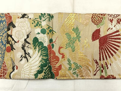 平和屋着物◎アンティーク 大正ロマン 九寸名古屋帯 唐織 飛鶴花文 金糸 正絹 逸品 AABF6543uk