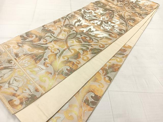 平和屋着物◎六通柄袋帯 更紗花文 銀糸 正絹 逸品 AABF6553uk