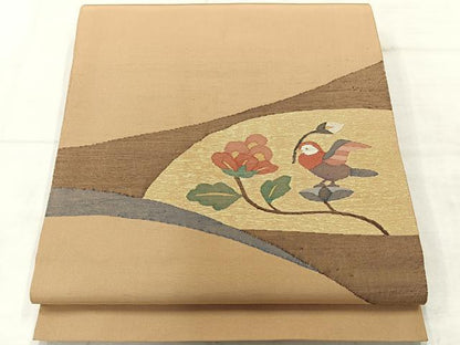 平和屋着物◎太鼓柄袋帯　すくい織　花鳥文　金糸　正絹　逸品　AABF6560uk