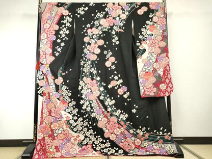 平和屋着物●豪華振袖 花毬文 黒地 金彩 金通し地 正絹 逸品 AABF6562cs