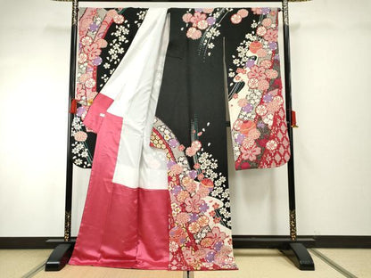 平和屋着物●豪華振袖 花毬文 黒地 金彩 金通し地 正絹 逸品 AABF6562cs