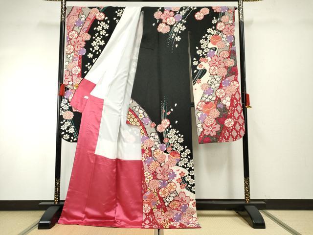 平和屋着物●豪華振袖 花毬文 黒地 金彩 金通し地 正絹 逸品 AABF6562cs