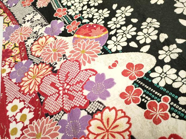 平和屋着物●豪華振袖 花毬文 黒地 金彩 金通し地 正絹 逸品 AABF6562cs