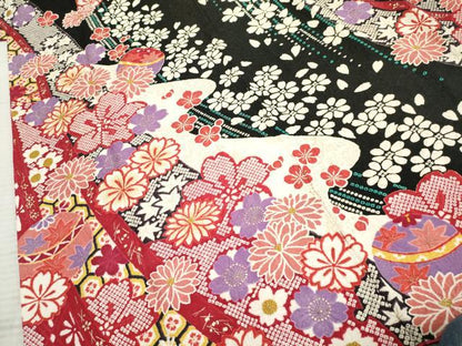 平和屋着物●豪華振袖 花毬文 黒地 金彩 金通し地 正絹 逸品 AABF6562cs