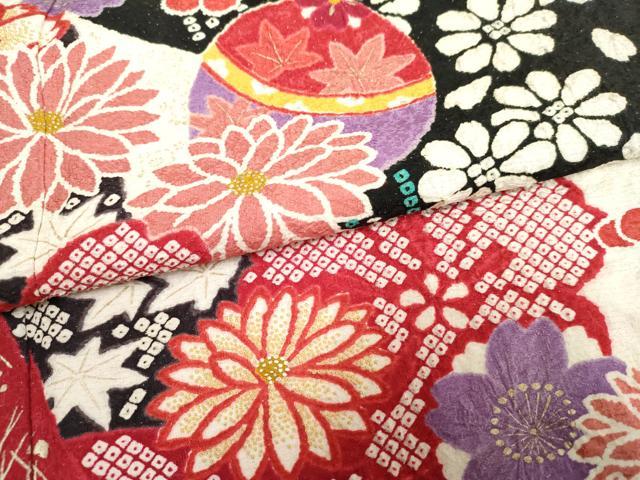 平和屋着物●豪華振袖 花毬文 黒地 金彩 金通し地 正絹 逸品 AABF6562cs