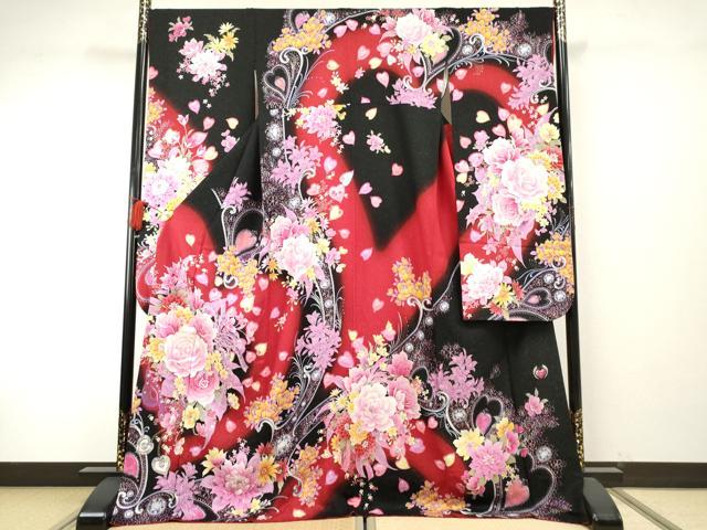 平和屋着物●豪華振袖 Angel Heart 刺繍 草花文 薔薇 バラ 暈し染め 黒地 金糸 銀通し地 ロング丈 正絹 逸品 AABF6565cs