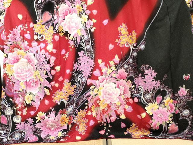 平和屋着物●豪華振袖 Angel Heart 刺繍 草花文 薔薇 バラ 暈し染め 黒地 金糸 銀通し地 ロング丈 正絹 逸品 AABF6565cs