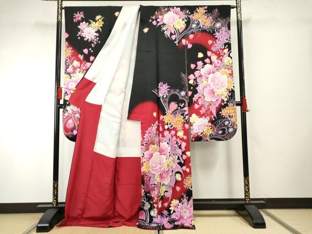 平和屋着物●豪華振袖 Angel Heart 刺繍 草花文 薔薇 バラ 暈し染め 黒地 金糸 銀通し地 ロング丈 正絹 逸品 AABF6565cs