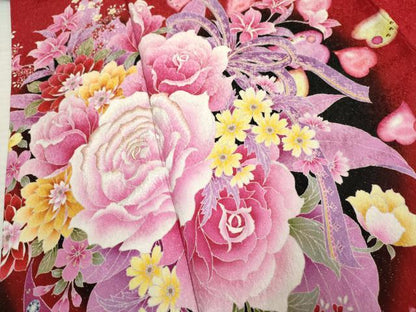 平和屋着物●豪華振袖 Angel Heart 刺繍 草花文 薔薇 バラ 暈し染め 黒地 金糸 銀通し地 ロング丈 正絹 逸品 AABF6565cs