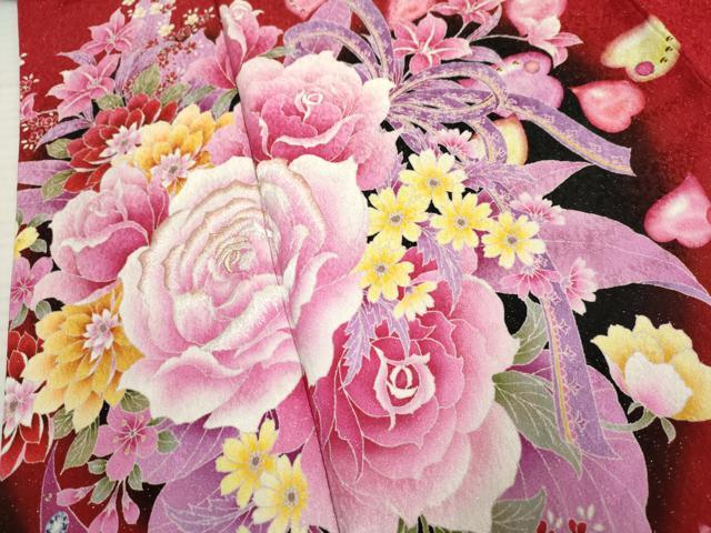 平和屋着物●豪華振袖 Angel Heart 刺繍 草花文 薔薇 バラ 暈し染め 黒地 金糸 銀通し地 ロング丈 正絹 逸品 AABF6565cs