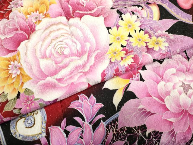 平和屋着物●豪華振袖 Angel Heart 刺繍 草花文 薔薇 バラ 暈し染め 黒地 金糸 銀通し地 ロング丈 正絹 逸品 AABF6565cs