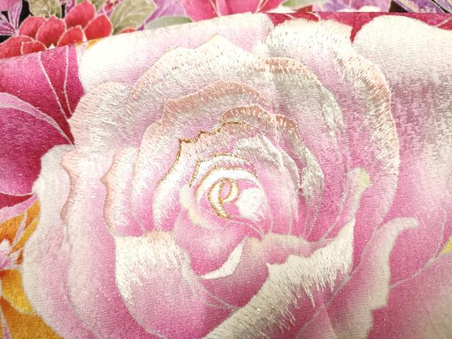 平和屋着物●豪華振袖 Angel Heart 刺繍 草花文 薔薇 バラ 暈し染め 黒地 金糸 銀通し地 ロング丈 正絹 逸品 AABF6565cs