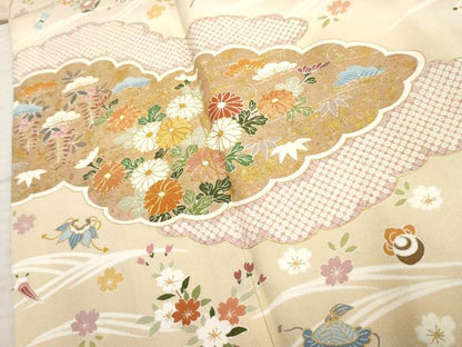 平和屋着物●訪問着 友禅 駒刺繍 雲重ね吉祥花宝尽くし 金彩 正絹 逸品 AABF6572cs
