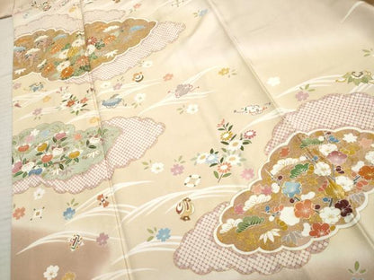 平和屋着物●訪問着 友禅 駒刺繍 雲重ね吉祥花宝尽くし 金彩 正絹 逸品 AABF6572cs