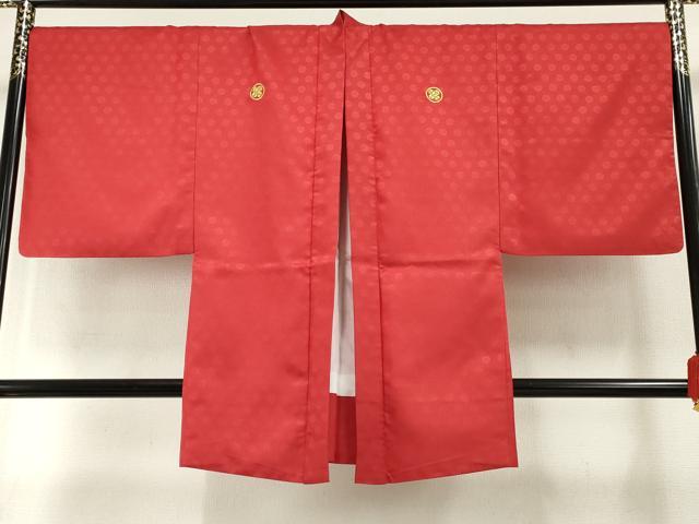 平和屋着物●男性 色紋付・羽織セット 花丸地紋 赤色 キングサイズ 洗える着物 AABF6573cs