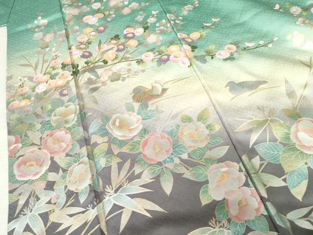 平和屋着物●螺鈿作家 藤本隆士 訪問着 螺鈿 鴛鴦枝花文 暈し染め 金銀彩 正絹 逸品 AABF6588cs