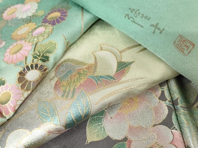 平和屋着物●螺鈿作家 藤本隆士 訪問着 螺鈿 鴛鴦枝花文 暈し染め 金銀彩 正絹 逸品 AABF6588cs