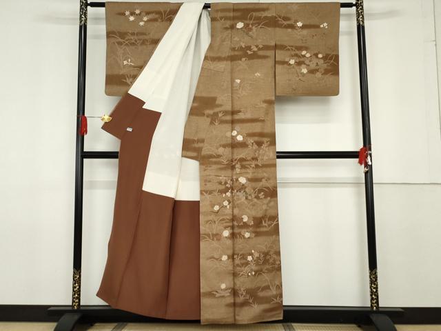 平和屋着物●訪問着 本場結城紬地 草花文 金彩 反端付き 正絹 逸品 AABF6590cs