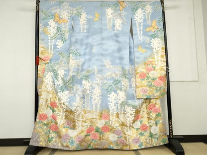 平和屋着物●豪華振袖　駒刺繍　花蝶文　藤花房　暈し染め　金彩　正絹　逸品　AABF6592cs