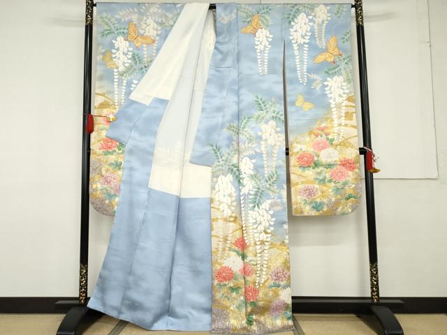 平和屋着物●豪華振袖　駒刺繍　花蝶文　藤花房　暈し染め　金彩　正絹　逸品　AABF6592cs