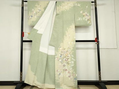 平和屋着物●訪問着 友禅 刺繍 枝花文 暈し染め 金糸 金彩 正絹 逸品 AABF6593cs