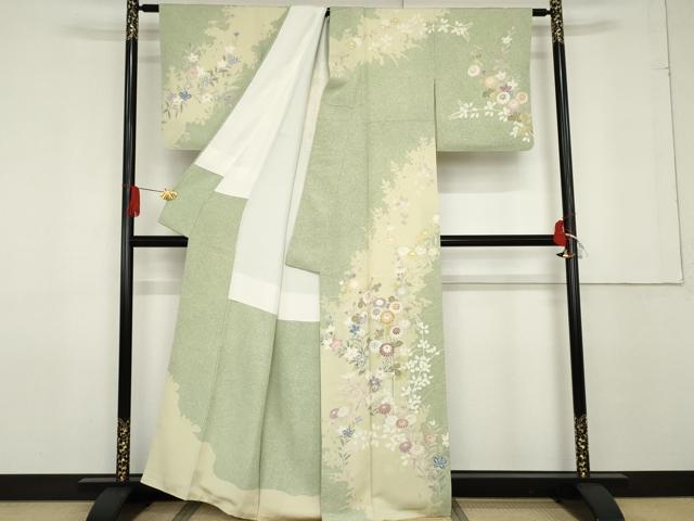 平和屋着物●訪問着 友禅 刺繍 枝花文 暈し染め 金糸 金彩 正絹 逸品 AABF6593cs