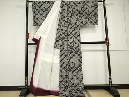 平和屋着物●上質な小紋 総絞り 麻の葉文様 黒地 正絹 逸品 AABF6595cs