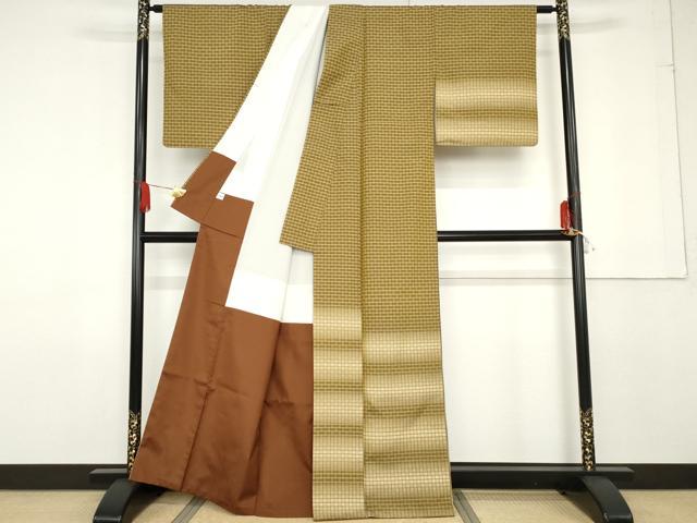 平和屋着物●訪問着 花織 紬地 霞横段文 正絹 逸品 AABF6599cs