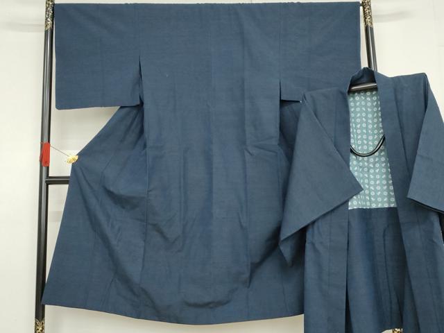 平和屋着物●男性 紬 アンサンブル 色無地 紺青色 正絹 逸品 AABF6603cs