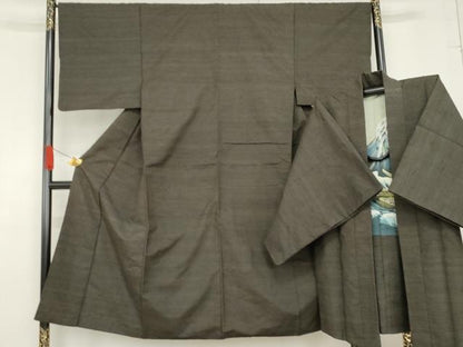平和屋着物●男性 髭紬 アンサンブル 色無地 千歳茶色 正絹 逸品 AABF6604cs