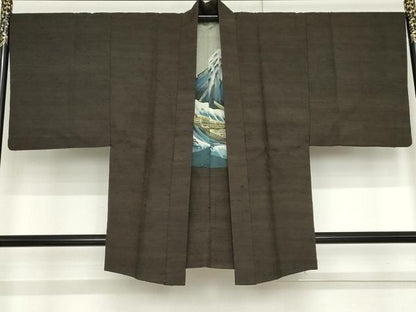 平和屋着物●男性 髭紬 アンサンブル 色無地 千歳茶色 正絹 逸品 AABF6604cs