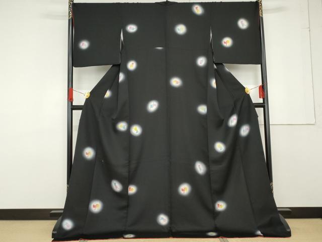 平和屋着物●上質な小紋 蛍暈し 猫 黒地 ロング丈 正絹 逸品 AABF6605cs