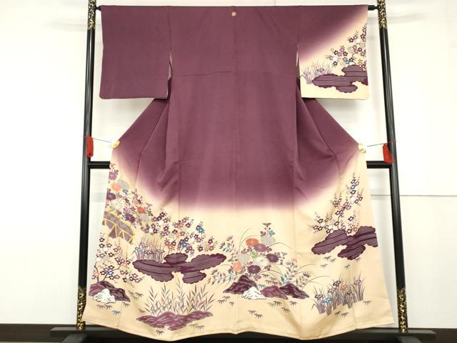 平和屋着物●人間国宝 五代 田畑喜八 訪問着 駒刺繍 笹梅枝花文 暈し染め 正絹 逸品 AABF6609cs