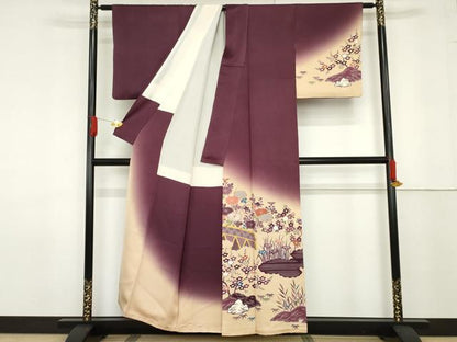 平和屋着物●人間国宝 五代 田畑喜八 訪問着 駒刺繍 笹梅枝花文 暈し染め 正絹 逸品 AABF6609cs