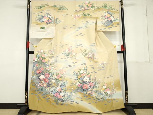 平和屋着物●十日町友禅作家 阿部佳雪 訪問着 松竹梅花文 夢染里 暈し染め 浜ちりめん 反端付き 正絹 逸品 未使用 AABF6613cs