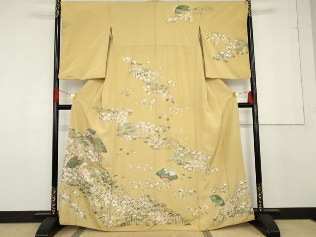 平和屋着物●中国国宝刺繍 乱針刺繍 総刺繍 訪問着 扇面風景草花文 金糸 正絹 逸品 AABF6615cs