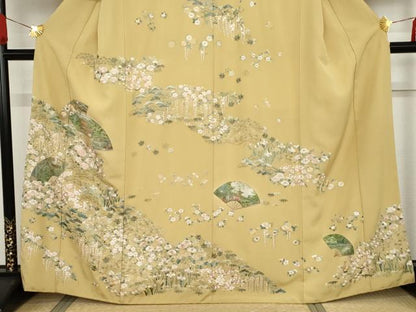 平和屋着物●中国国宝刺繍 乱針刺繍 総刺繍 訪問着 扇面風景草花文 金糸 正絹 逸品 AABF6615cs