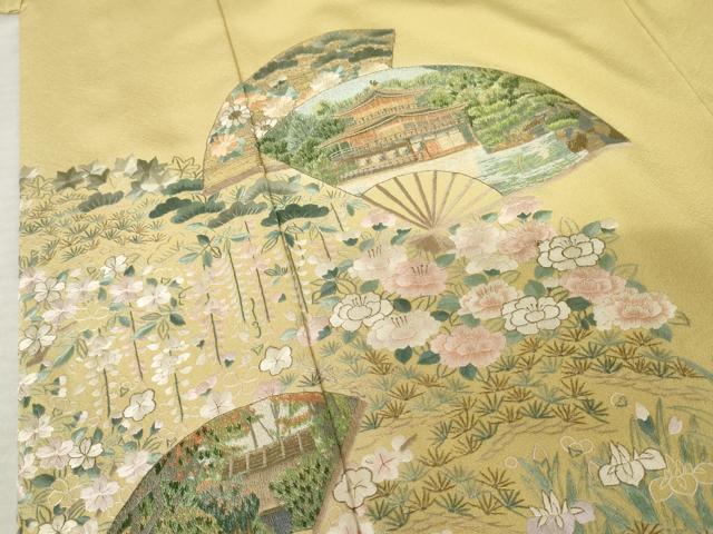 平和屋着物●中国国宝刺繍 乱針刺繍 総刺繍 訪問着 扇面風景草花文 金糸 正絹 逸品 AABF6615cs