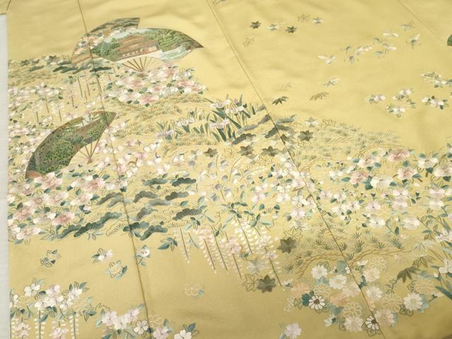 平和屋着物●中国国宝刺繍 乱針刺繍 総刺繍 訪問着 扇面風景草花文 金糸 正絹 逸品 AABF6615cs