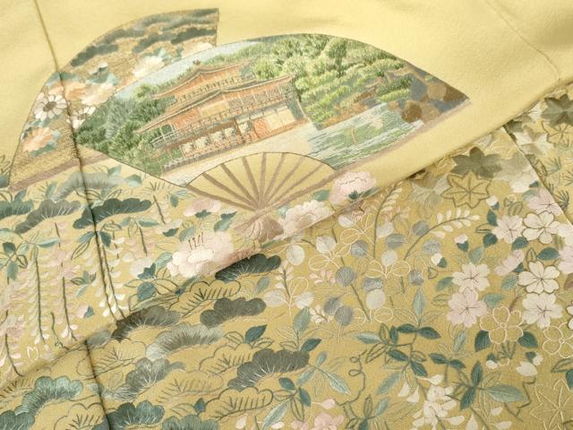 平和屋着物●中国国宝刺繍 乱針刺繍 総刺繍 訪問着 扇面風景草花文 金糸 正絹 逸品 AABF6615cs